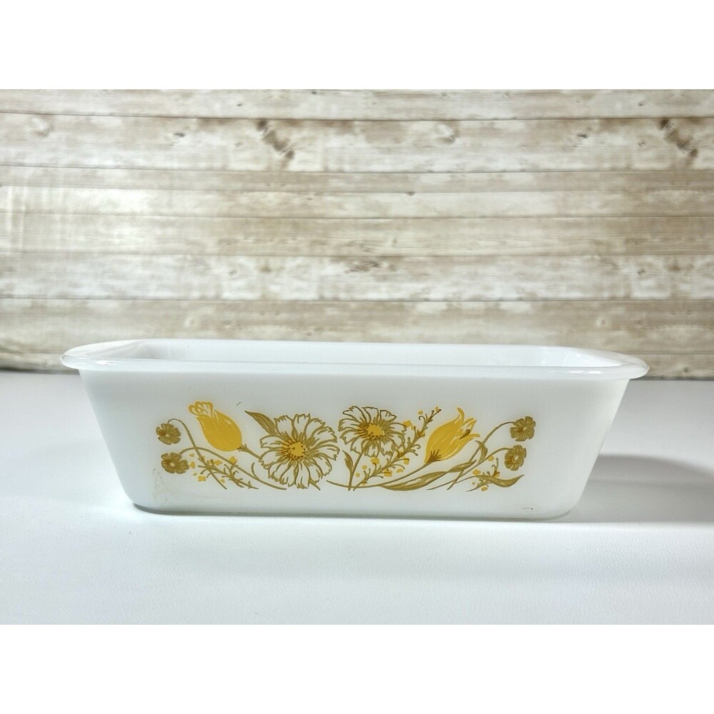 Vintage Glasbake White Glass Yellow / Brown Daisies Baking Loaf Pan Dish